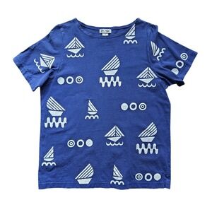 Vintage M. Mac Women's Blue Boat Print Short Sleeve Graphic Tee Shirt